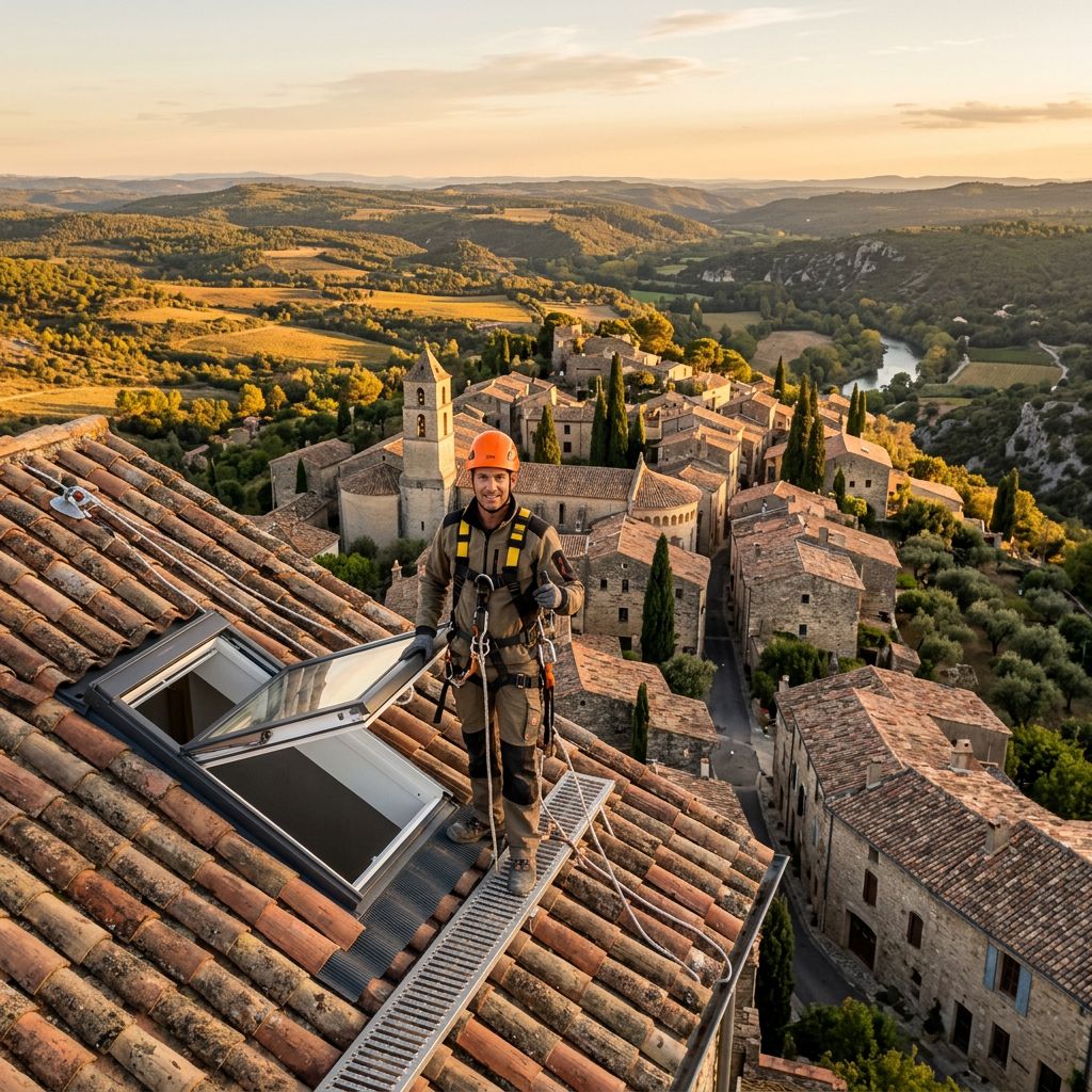 Cinematic aerial photograph of a professional French roofer in orange safety helmet and harness standing confidently beside a newly installed VELUX skylight opened at 45 degrees on traditional clay-tiled roof, white interior frame visible, set against golden-hour panoramic backdrop of Mediterranean hilltop village with stone houses, terracotta roofs, cypress trees, olive groves and rolling Languedoc hills in rural Occitanie. Warm sunset light casting long shadows, hopeful professional atmosphere, editorial real-estate photography style, ultra-sharp detail, realistic natural colors, depth of field, 8K quality.