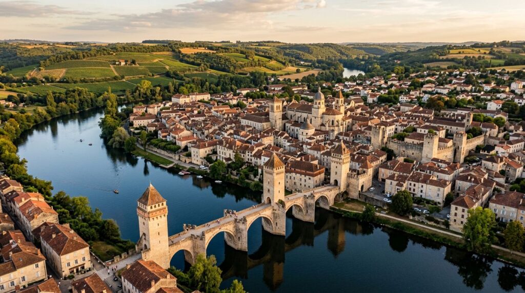 Aerial view of Cahors, France, showcasing the medieval Valentré Bridge with its three fortified towers spanning the Lot River, surrounded by the historic old town with terracotta rooftops and limestone buildings, vineyards on distant hillsides, golden hour sunlight casting warm shadows, photographic style with rich earth tones and deep blue water reflections.