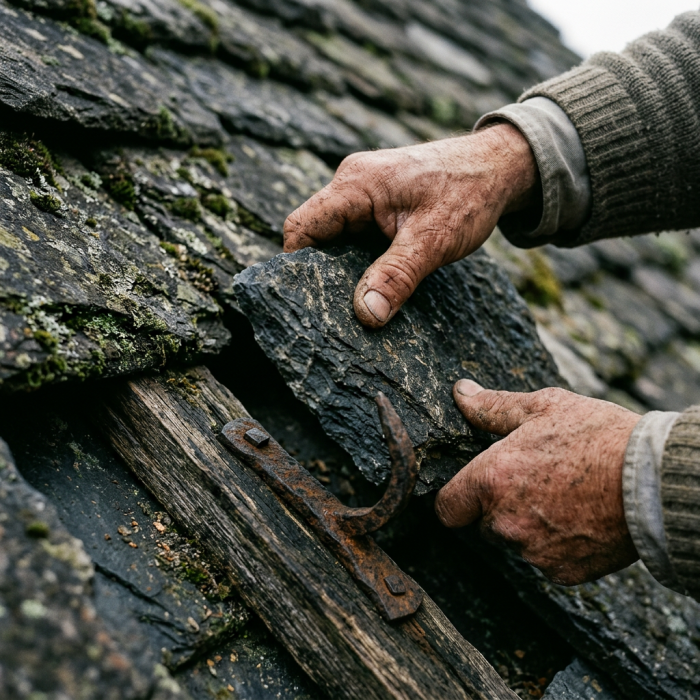 Extreme macro photograph of weathered craftsman's hands placing a thick schist lauze slab onto hand-forged iron hooks on a traditional…