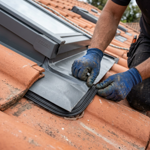 Macro close-up photograph of a roofer's gloved hands sealing the bottom flashing of a newly installed VELUX skylight against terracotta…