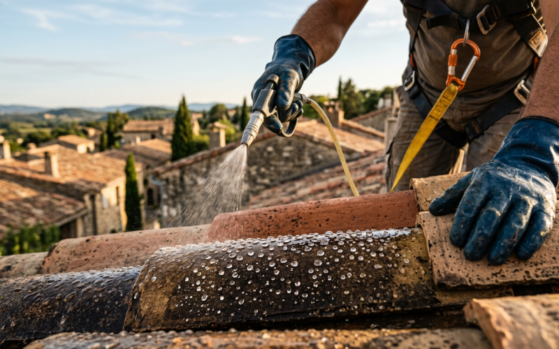 Photographie réaliste en plan rapproché des mains gantées d'un couvreur appliquant un traitement hydrofuge de protection sur une toiture en…