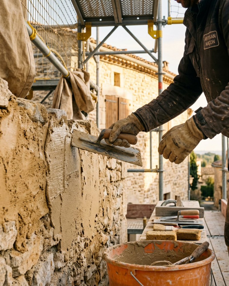 Photographie réaliste plan moyen d'un chantier de ravalement de façade en Occitanie. Au premier plan, mains gantées d'un façadier appliquant…