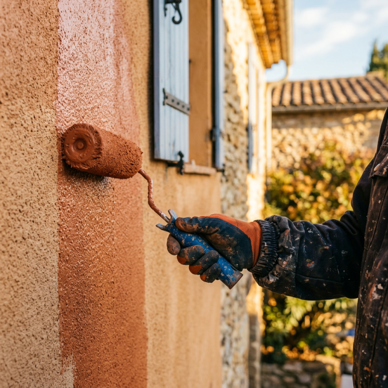 Photographie réaliste plan rapproché des mains gantées d'un façadier appliquant la deuxième couche de peinture façade au rouleau sur un…
