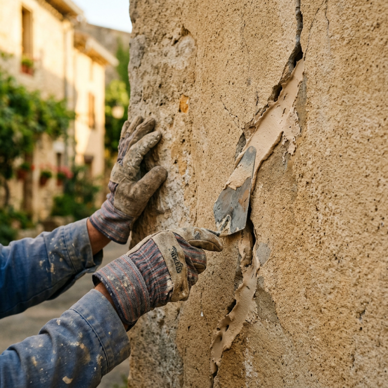 Photographie réaliste plan rapproché des mains gantées d'un façadier traitant une fissure sur un enduit de façade en Occitanie. Truelle…