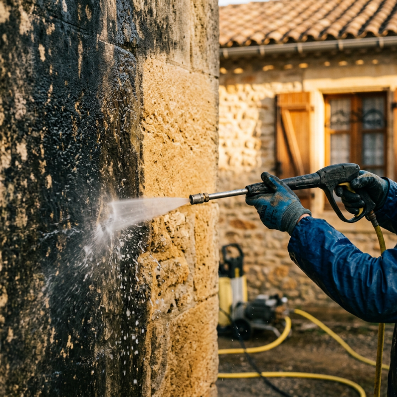 Photographie réaliste plan rapproché des mains gantées d'un façadier nettoyant une façade encrassée au nettoyeur haute pression en Occitanie. Jet…