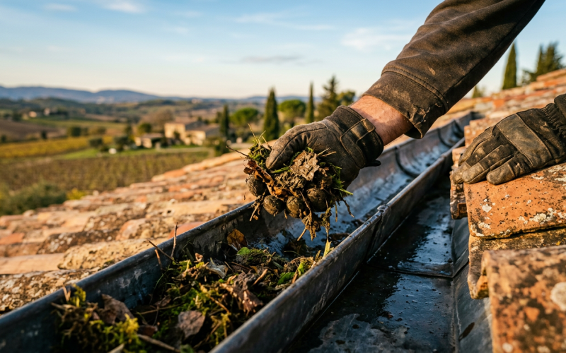 Photographie réaliste plan rapproché des mains gantées d'un couvreur retirant feuilles mortes, mousses et débris végétaux d'une gouttière en zinc…