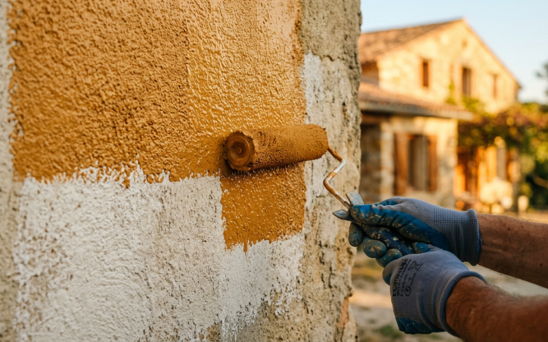 Photographie réaliste plan rapproché d'un mur de façade en cours de peinture en Occitanie. Au premier plan, mains gantées appliquant…