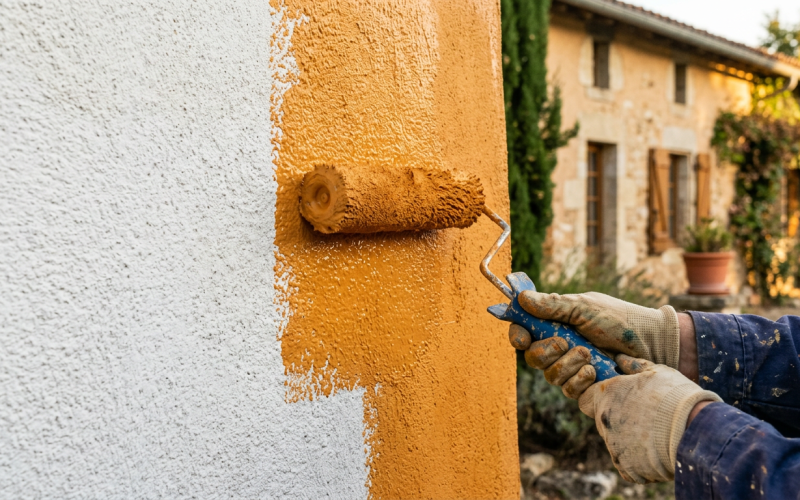 Photographie réaliste plan rapproché d'un mur de façade en cours de peinture en Occitanie. Au premier plan, mains gantées appliquant…