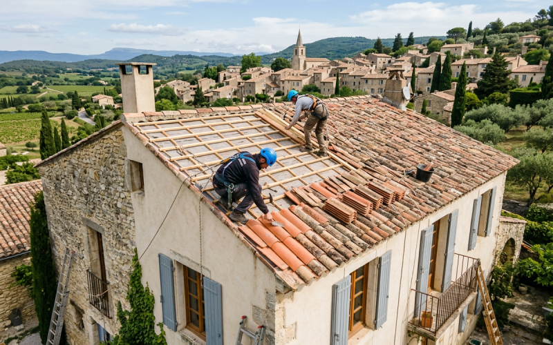 Réparation de toiture sur une maison française