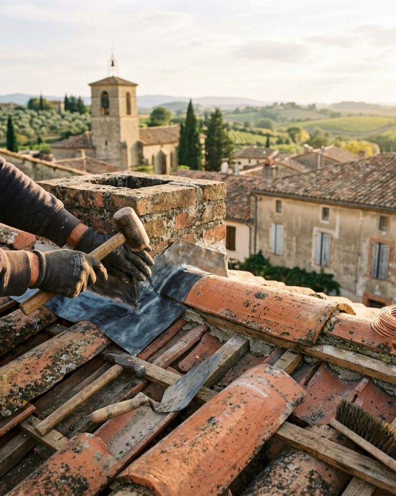Close-up photorealistic shot of gloved hands of a professional roofer working on a traditional Occitan roof repair in Southwest France, manipulating characteristic regional roofing materials: weathered orange terracotta canal tiles, flat tiles, natural slate, and zinc flashing elements. Hands and forearms only visible, anonymous craftsman, focused on precise technical gestures installing lead flashing around a brick chimney or repointing ridge tiles with fresh mortar, wooden battens exposed, traditional roofer tools nearby including hammer and trowel. Foreground sharp with rough patinated tile textures and mortar details. Background softly blurred with bokeh effect showing typical Occitan landscape: perched stone village with cascading canal tile roofs, church bell tower, cypress trees, olive groves, gentle hills of Lauragais or Minervois countryside, traditional houses with genoises and weathered lavender-blue shutters. Warm golden late afternoon sunlight with soft shadows revealing material textures, luminous Mediterranean blue sky with light clouds. Documentary-style high-end photography, shallow depth of field, natural warm color palette typical of Southern France, authentic artisanal craftsmanship atmosphere.