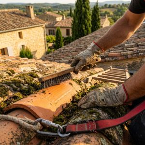 Close-up photorealistic photograph of a professional roofer's gloved hands performing manual moss removal on traditional canal clay tiles in Occitania, France. One hand grips a stiff brush scraping green moss from an orange terracotta tile, the other stabilizes adjacent tile. Safety harness and taut lanyard visible in frame. Sharp contrast between cleaned zone showing pristine orange tiles and moss-covered area with lichens. Technical roofing details visible: sealed ridge caps, battens, roofer's ladder. Blurred background with strong bokeh reveals typical Occitan landscape: light stone houses, cascading neighboring canal tile roofs, cypress trees, gentle southwestern hills. Golden late afternoon light, southern blue sky, warm ochre and terracotta tones. Ultra-realistic documentary photography style with pronounced depth of field, earthy warm color grading, hands-only composition, no face, anonymous craftsman perspective.