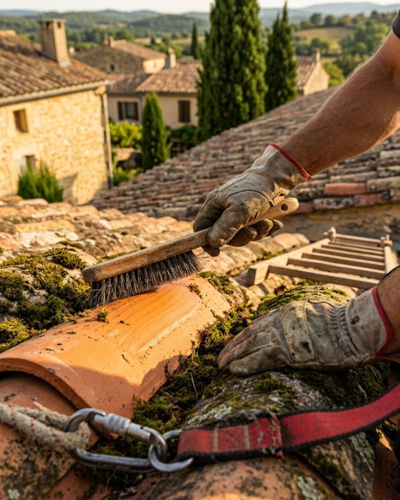Close-up photorealistic photograph of a professional roofer's gloved hands performing manual moss removal on traditional canal clay tiles in Occitania, France. One hand grips a stiff brush scraping green moss from an orange terracotta tile, the other stabilizes adjacent tile. Safety harness and taut lanyard visible in frame. Sharp contrast between cleaned zone showing pristine orange tiles and moss-covered area with lichens. Technical roofing details visible: sealed ridge caps, battens, roofer's ladder. Blurred background with strong bokeh reveals typical Occitan landscape: light stone houses, cascading neighboring canal tile roofs, cypress trees, gentle southwestern hills. Golden late afternoon light, southern blue sky, warm ochre and terracotta tones. Ultra-realistic documentary photography style with pronounced depth of field, earthy warm color grading, hands-only composition, no face, anonymous craftsman perspective.