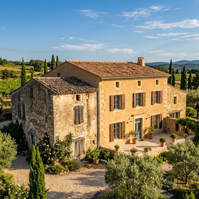Wide cinematic photograph of a beautiful traditional Occitan stone house with freshly renovated ochre facade contrasting with an older unrestored section, showcasing before-and-after renovation work. Warm golden afternoon light bathes the scene under a deep blue Mediterranean sky. The house features carefully restored window frames, weathered wooden shutters, terracotta roof tiles. Lush garden with cypress trees and olive trees in foreground. Architectural editorial style, ultra-realistic photography, color grading with warm ochre, terracotta, and limestone tones. Sharp details, professional real estate photography aesthetic, natural shadows and highlights.