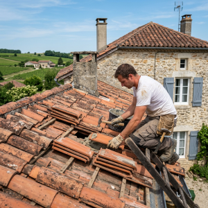 Un homme en tee-shirt blanc, en train de réparer une toiture de maison française