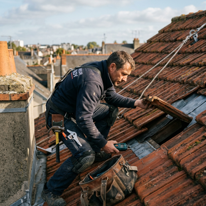 Un homme sur un toit. Il est couvreur de métier. Il est en train de chercher la fuite d'eau sur…