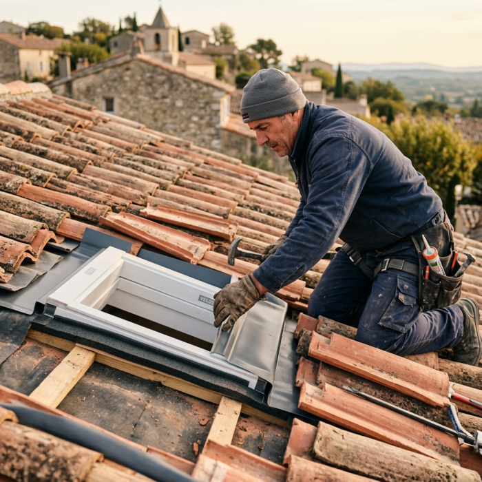 Vertical close-up photograph of a professional French roofer in dark blue work clothes installing a VELUX skylight on a traditional…